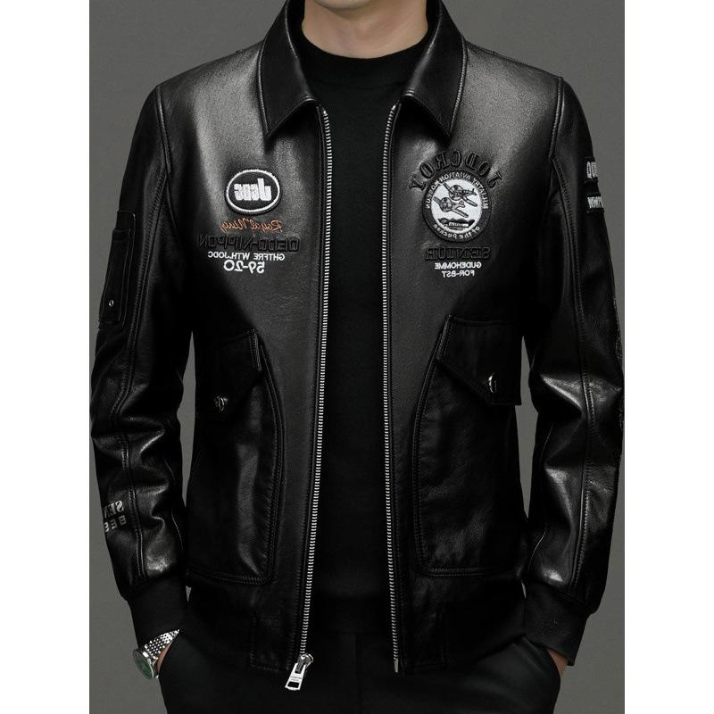 First layer cowhide leather jacket men's spring and autumn middle-aged and young people trend embroidered locomotive clothing leather jacket jacket
