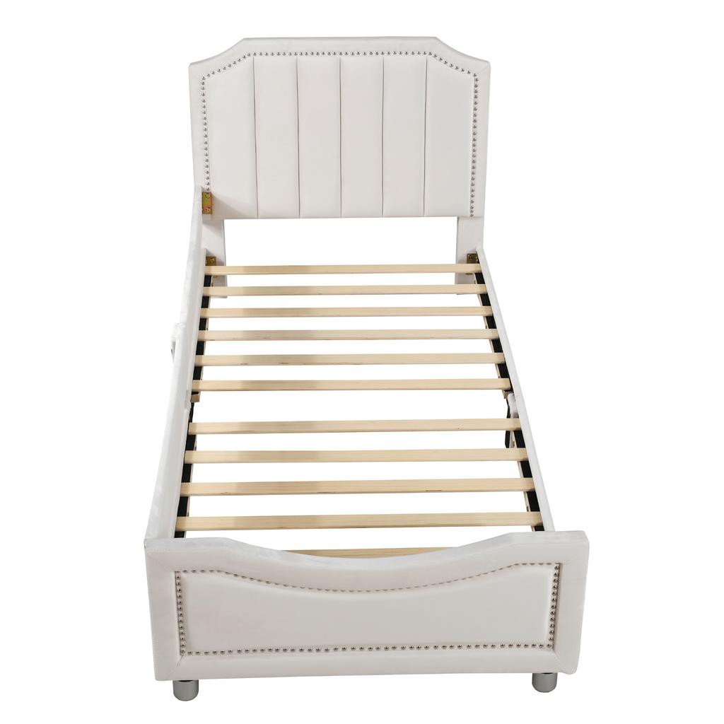 Kids' Bed Upholstered Bed 90*200cm Sleeper Sofa Bed Frame Flannel Multifunctional Soft Bed with Backrest Armrest Parent-Child Youth Guest Bed Beige