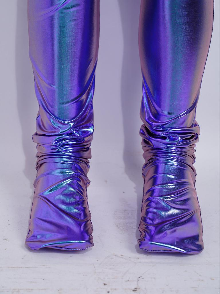Long Sleeve Front Zip Metallic Footed Bodysuit for Girls Shiny Unitard Jumpsuit Stage Performance Dance Competition