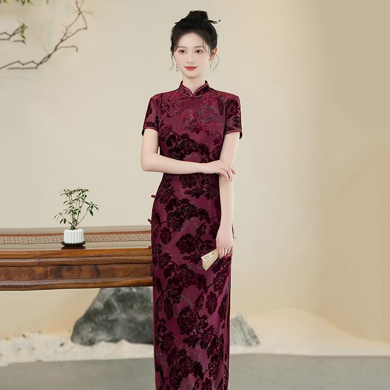 LongChinese-style Qipao Dress Women Vintage Fit Short Sleeve Daily Wear With Stand Collar Side Slit