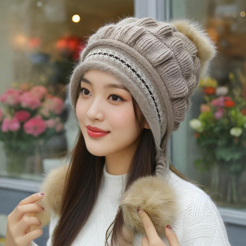 Autumn and Winter Adult Hat Women's Knitted Hat Fleece Ear Protector Hat Versatile Warm Wool Cute Fashion Outdoor