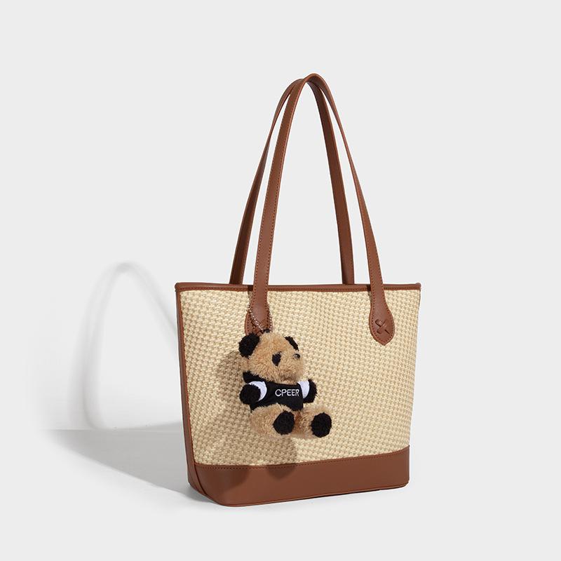 

2025 Summer High-End New Niche Retro High-End Underarm Bag Straw Bag Large Capacity Simple Tote Bag Khaki（Without doll）