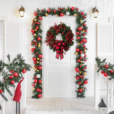 Neuer 40CM Türkranz mit Kerze Rote Blume Schleife Kranz für Haustür Weihnachtsdekorationen Blumengirlande Weihnachtsdekorationen