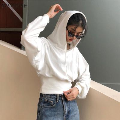Hoodies Women Crops Student Fashion Cozy Female Hooded Minimalist All-match Korean Style Solid Daily College Soft Draw String
