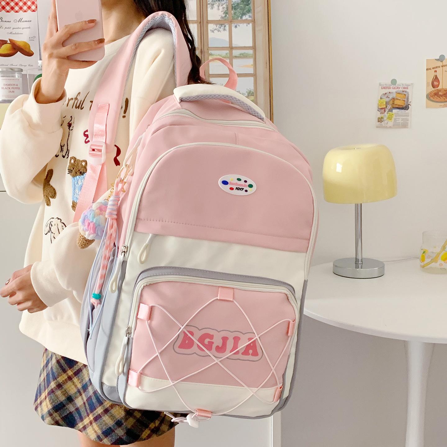 

School bag for female junior high school students ins color matching large-capacity backpack high-value travel backpack student school bag розовый