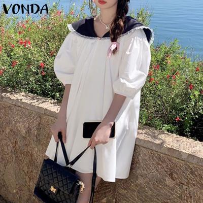Women Summer Contrast Lapel Puff Short Sleeve Dresses