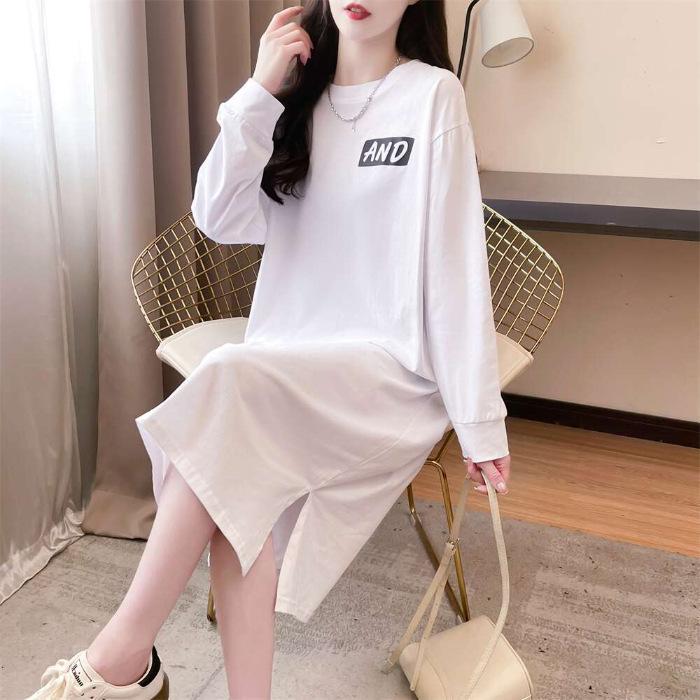 knee-length cotton T-shirt skirt children's casual lazy style long-sleeved dress spring and autumn loose large-size home skirt