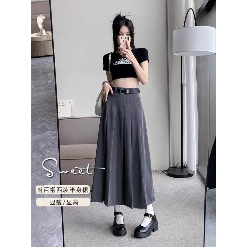 Women's High Waist Gray Pleated Suit A-line Midi Skirt With Free Belt Petite Friendly Slimming Long Skirt 2025 Fall Casual Office Bottomwear