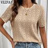 VEZFAA Women's Fashion Casual Summer Spring Solid Color Print Short Sleeve O-Neck Blouses & Shirts