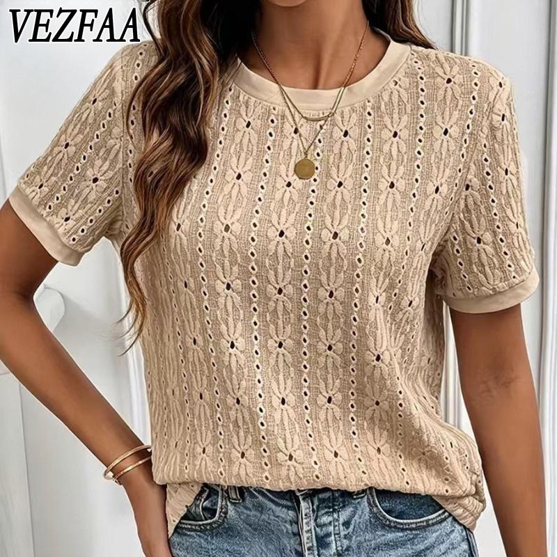 VEZFAA Women's Fashion Casual Summer Spring Solid Color Print Short Sleeve O-Neck Blouses & Shirts
