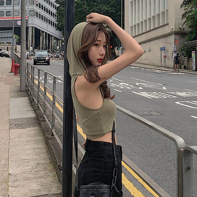 

Женская майка-топ с капюшоном, повседневная однотонная короткая майка One Size