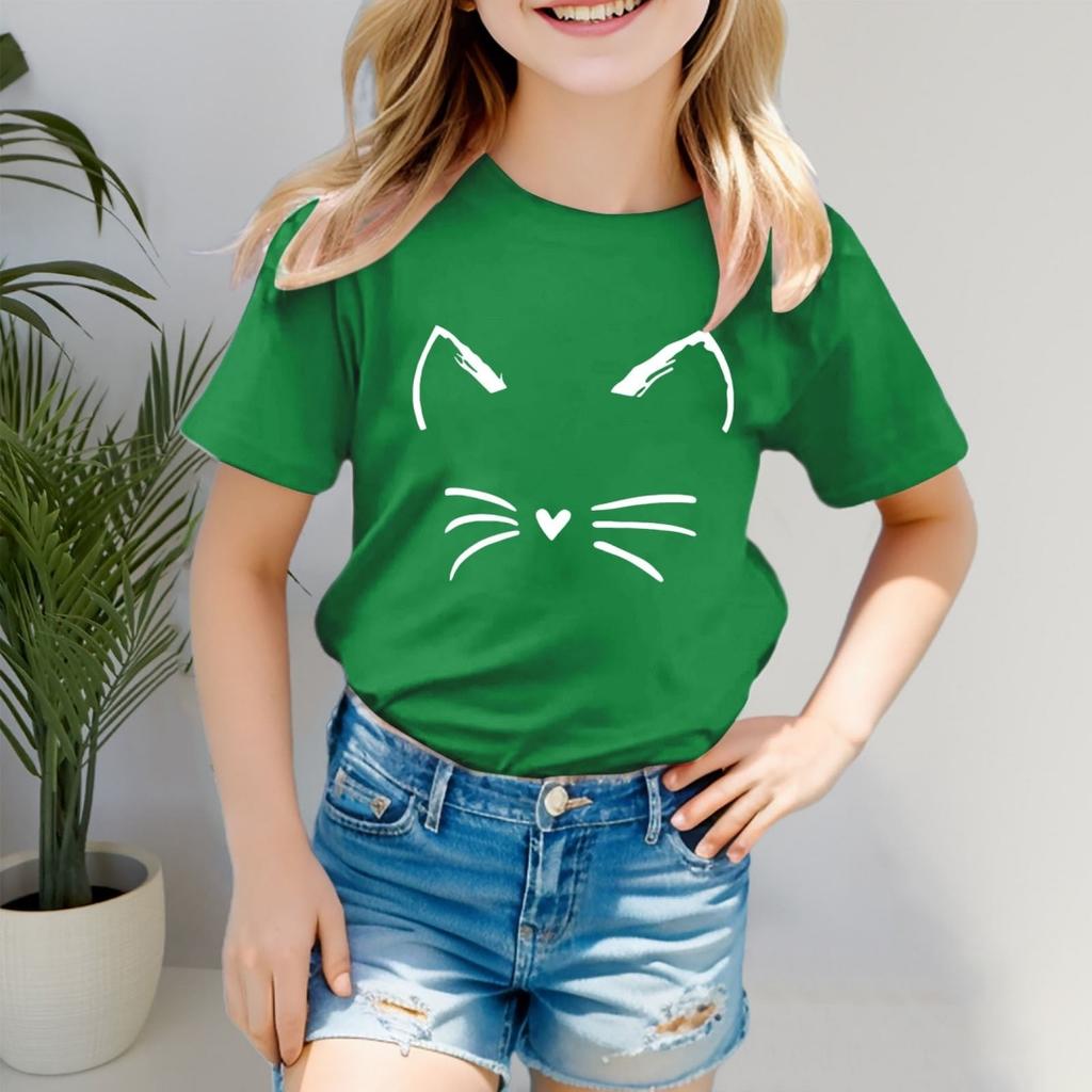 New Cat Face Print Children T-Shirt Short Sleeve Round Neck Loose Kids T-Shirt Ladies T-Shirts Children Casual T-Shirt Clothing