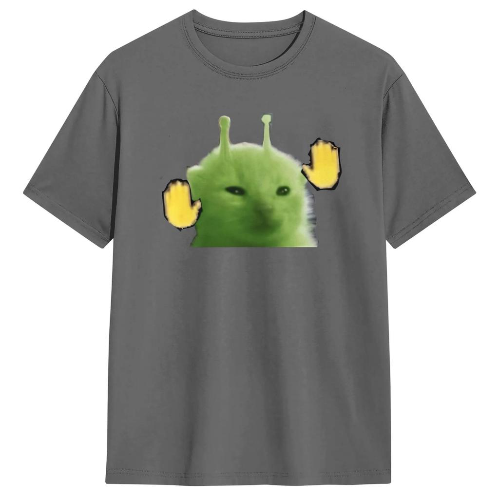 Green Alien Cat Meme T Shirt Unisexs Cotton Funny TShirts Crewneck Tee Shirt Short Sleeve Clothes Summer