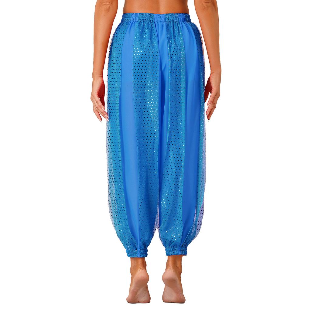Womens Semi Sheer Chiffon Pants Sequined Dot Design Elastic Waist Belly Dance Performance Trousers
