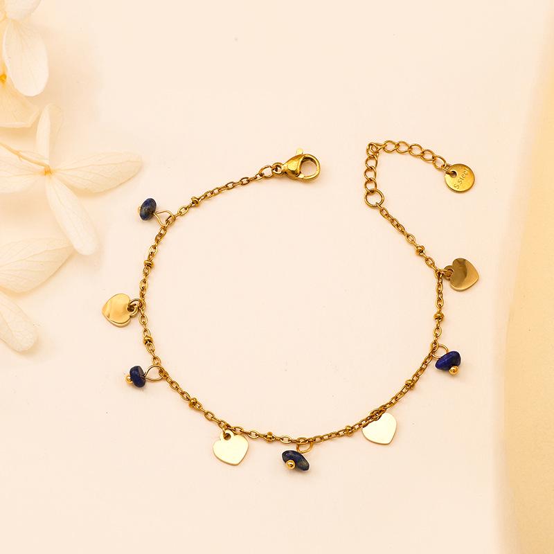 18K Gold Peach Heart Bracelet with Colorful Natural Stones - Minimalist Stainless Steel Women's Jewelry