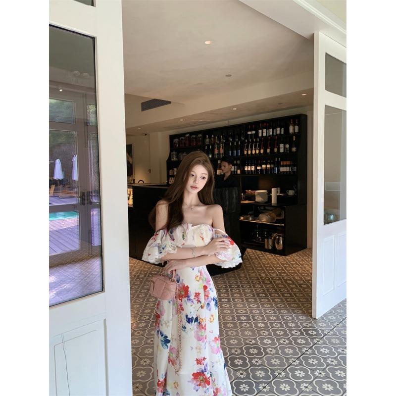 

Fendai Flower Wall~ Ink Splashing Contrasting Flower Length Floral Lotus Leaf Suspender Dress L