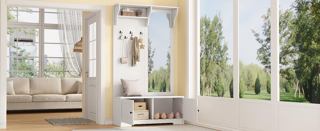 100*40*180cm Hallway Wardrobe with Mirror, 5 Coat Hooks, 2 Cabinets and Shelf, Hallway Coat Stand Clothes Rack with Shoe Cabinet, White