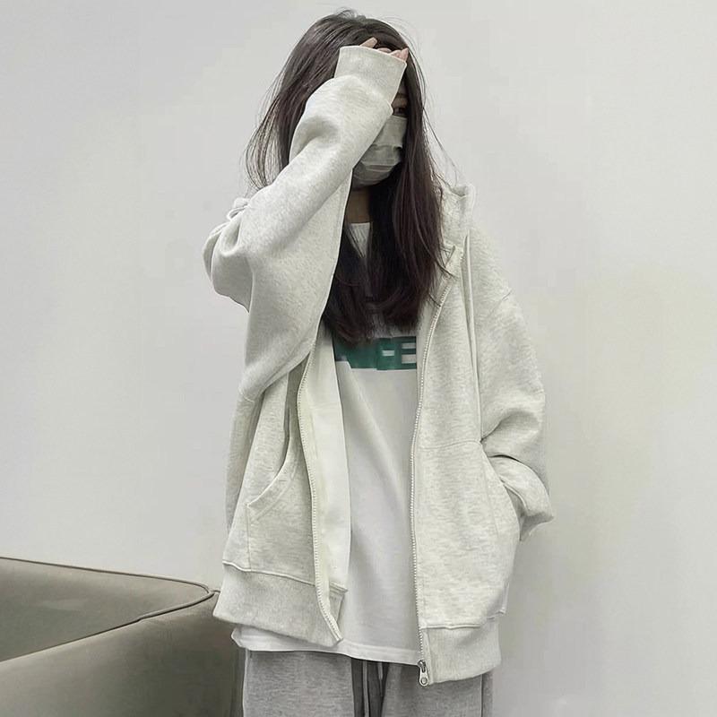 Grey sweater jacket women's thickened, autumn and winter velvet cardigan loose zipper hooded top