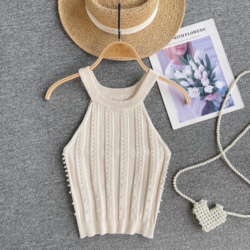 Pure Desire Top Women's Heavy Industry Beads Slim-fitting Short Sexy Off-the-shoulder Neck Sling Vest Women's Versatile Knitted Sweater Tide