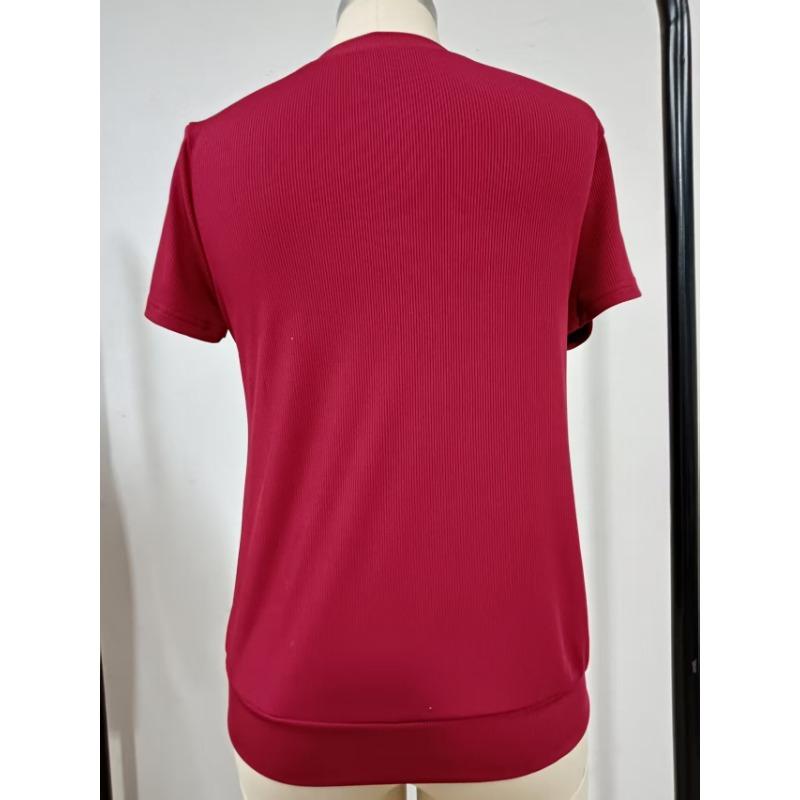 Womens Ribbed Knit Half Zip T Shirt With Stand Collar Short Sleeve Casual Slim Fit Top