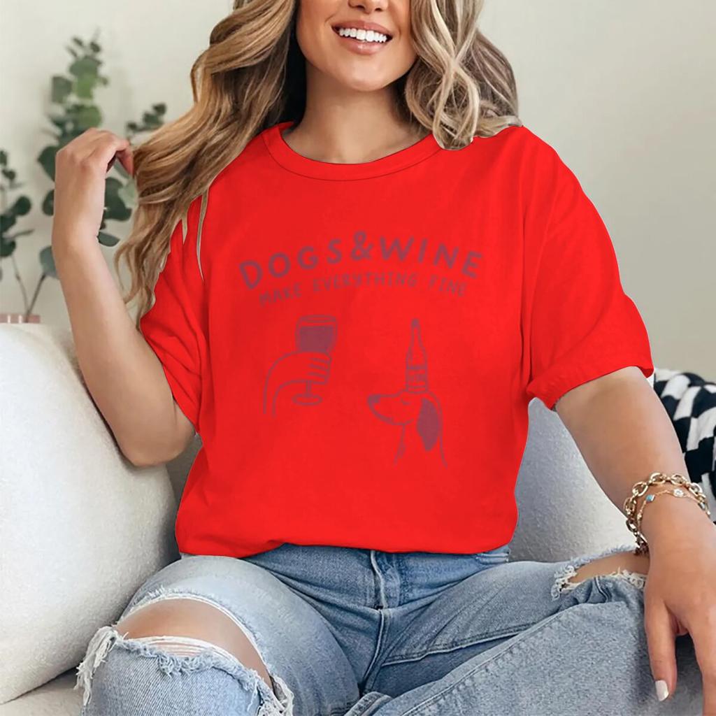 Hunde Und Wein Machen Alles Gut Lustige Vintage Grafik T-Shirts Tier Shirt Mode Hundemama T-Shirts Geschenke Damen Y2K Oberteile