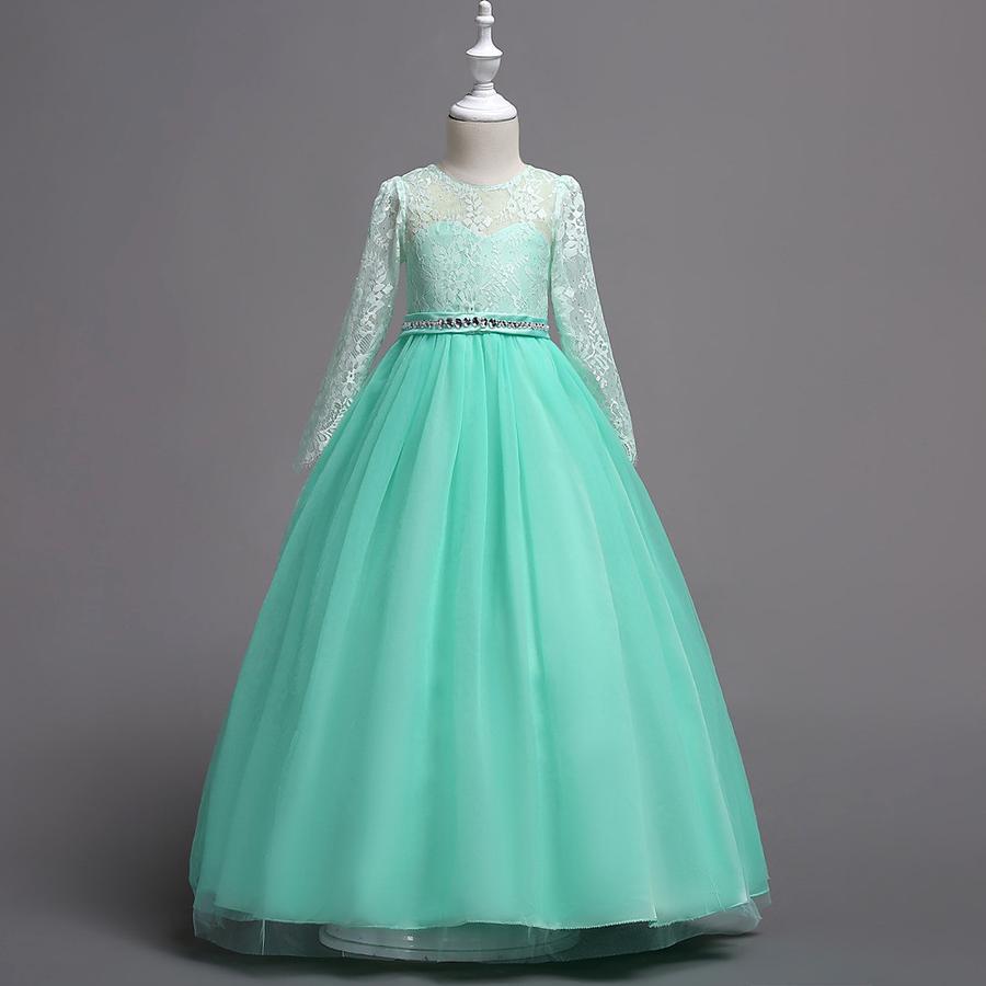 Girls Long Sleeve Mesh Ball Gown Lace Trim Rhinestone Wedding Party Princess Dress Stage Performance Outfit