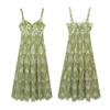 Printed Hollow Out Sling Women Dress Elegant Green Sleeveless Backless High Waist Dresses Female Summer Lady Beach Robe