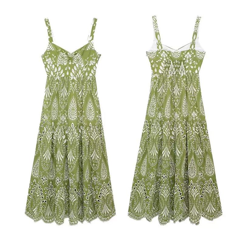 Printed Hollow Out Sling Women Dress Elegant Green Sleeveless Backless High Waist Dresses Female Summer Lady Beach Robe
