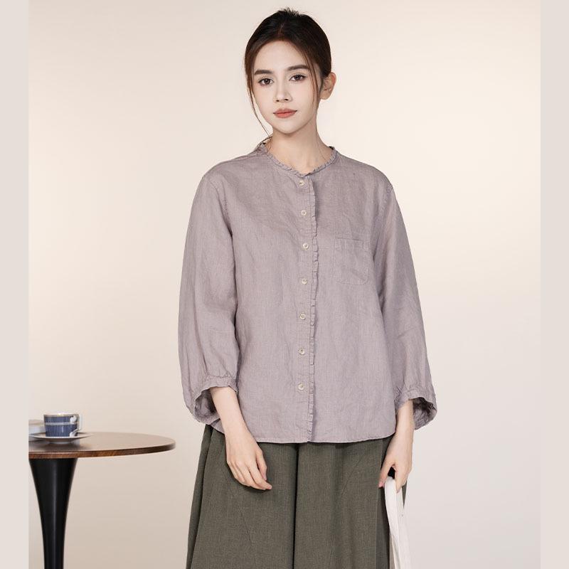 2026 Women s Spring Artistic Hemp Shirt, Loose Fit, Stand Collar, Seven-Sleeve XL