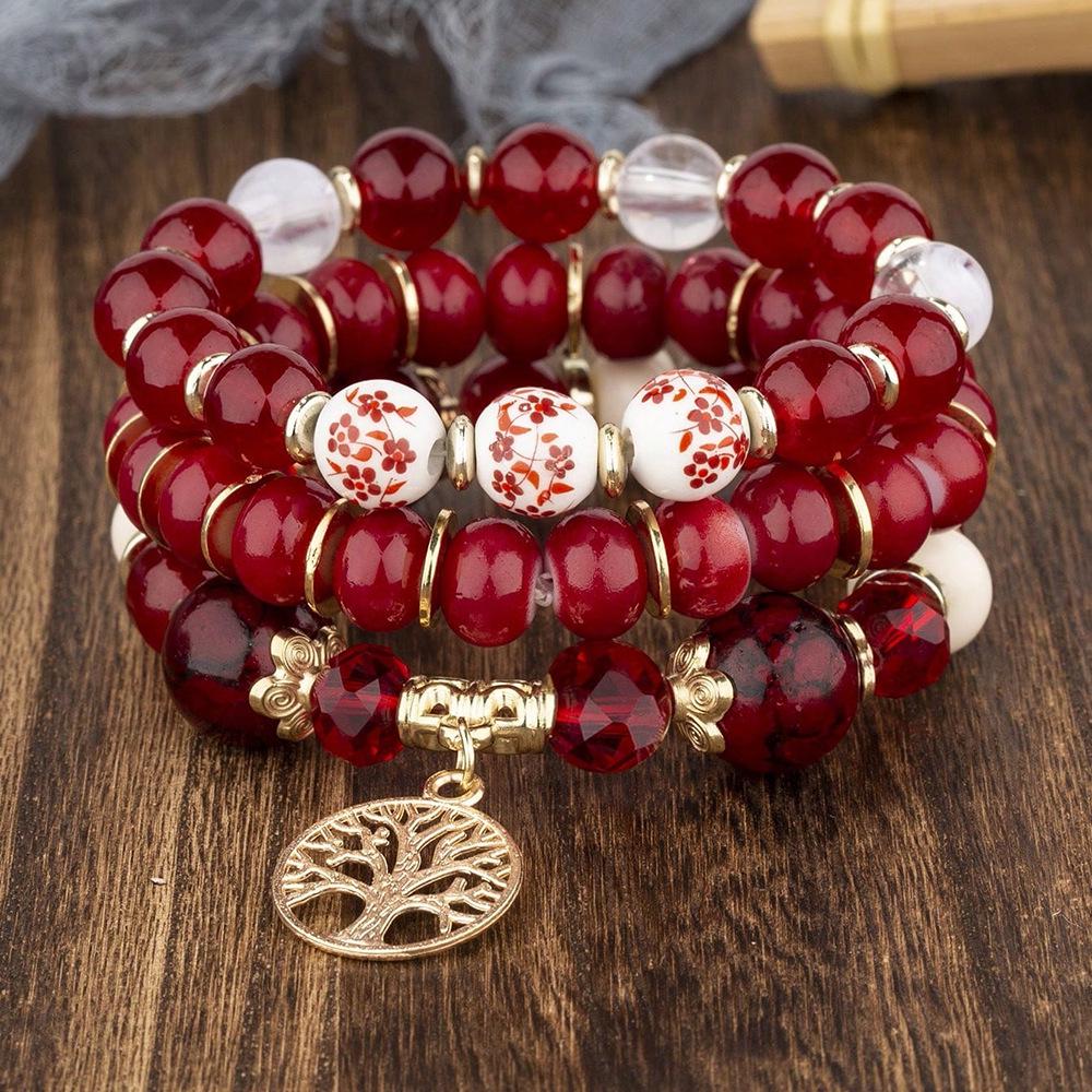Boho Retro Perlenarmband Set mit Lebensbaum Anhänger