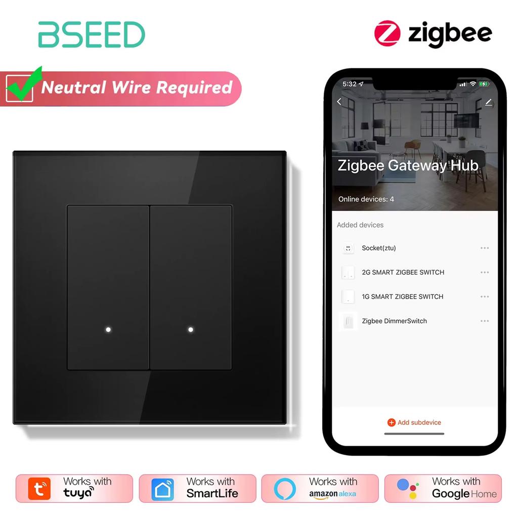 BSEED Zigbee 1/2/3Gang Smart Click Light Switches 1/2/3Way Tuya Smart Life Alexa Compatible Plus EU Power Sockets Glass Panels