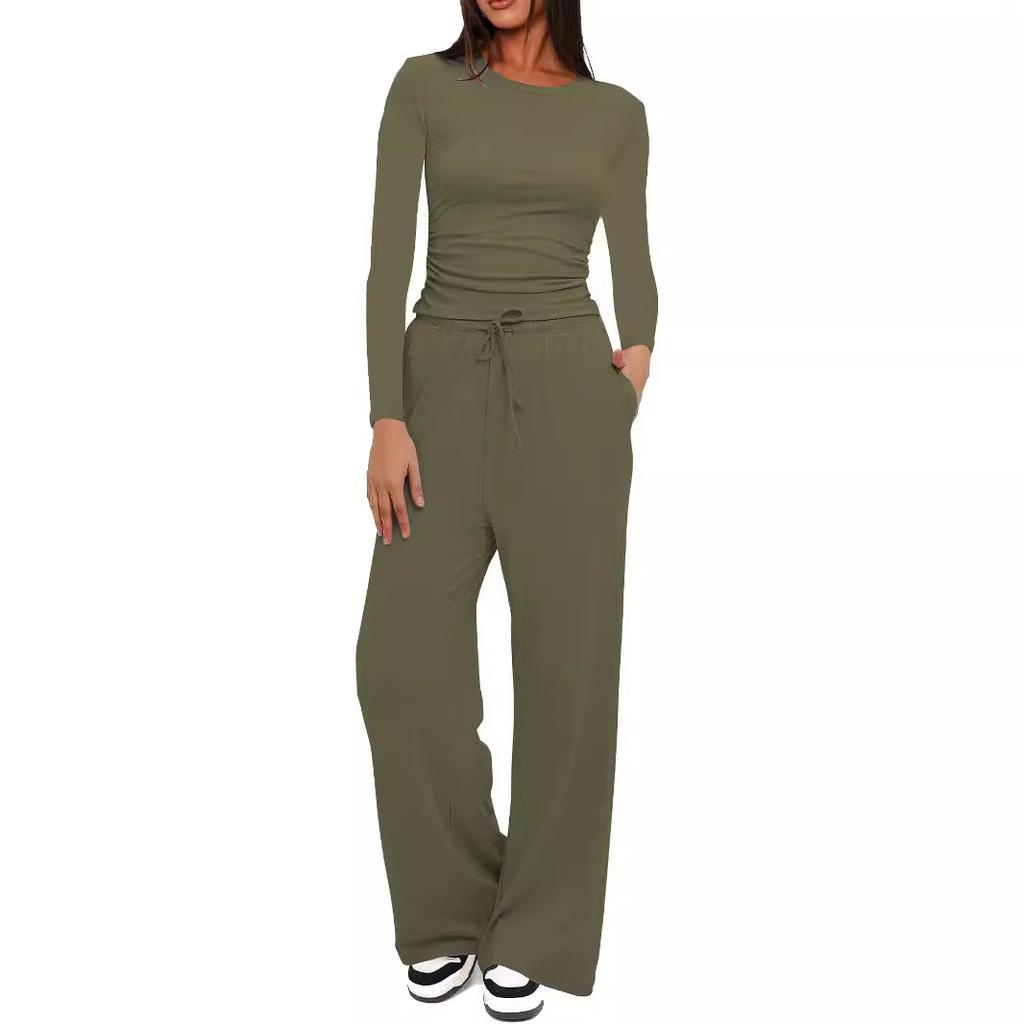 Autumn Women's Casual Pant Suit Pleated Decoration Solid Color Long Sleeve Top High Waisted Wide Leg Pants Sweatshirt