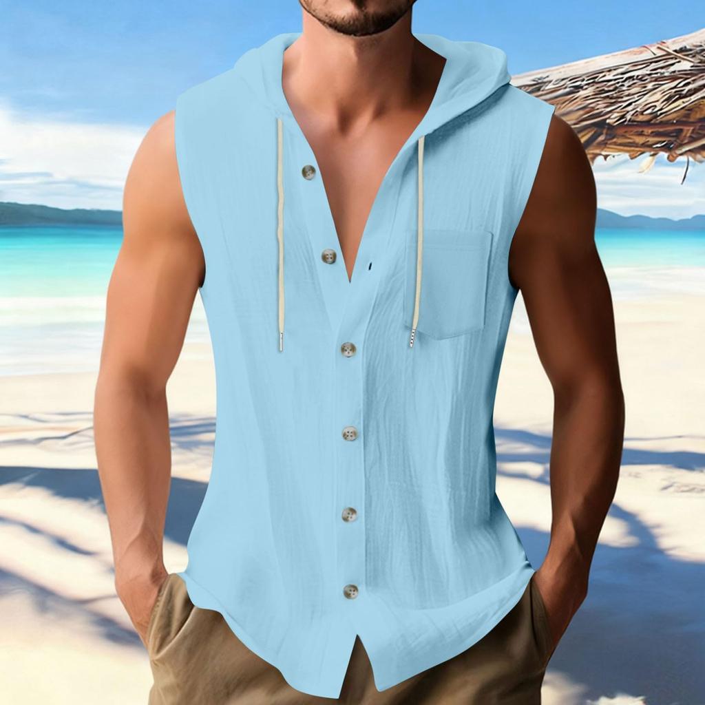 Men's Casual Sleeveless Shirt Cotton Linen Hooded Fashionable  Color Loose Vest Top