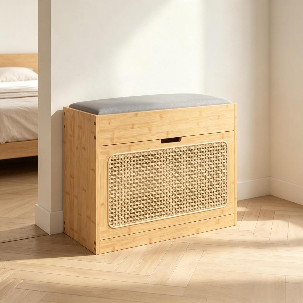 Bamboo Shoe Bench Entrance Area, Storage Bench with Seat Cushion, Rattan Door and Height-Adjustable Shelf