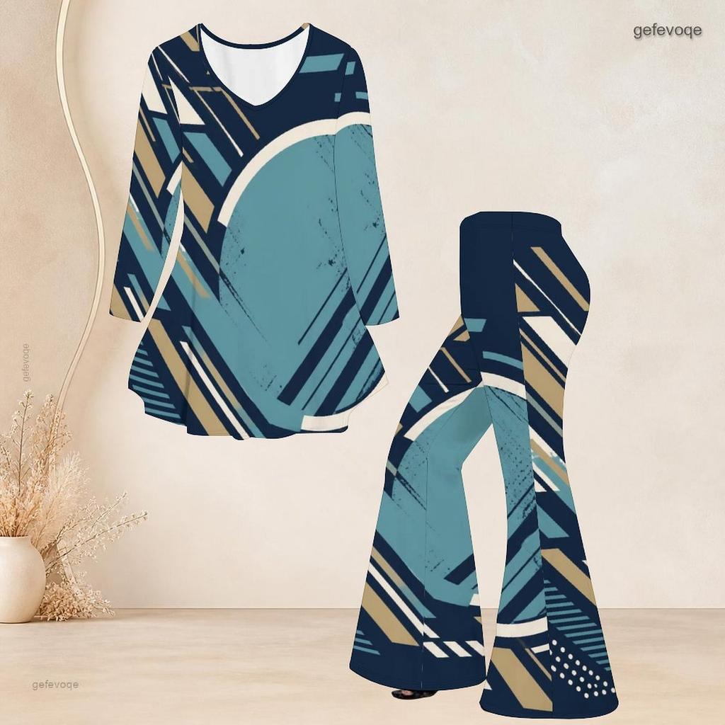 Women Plus Size V Neck Three Quarter Sleeve Printed Flared Top And Flared Pants Two Piece Set