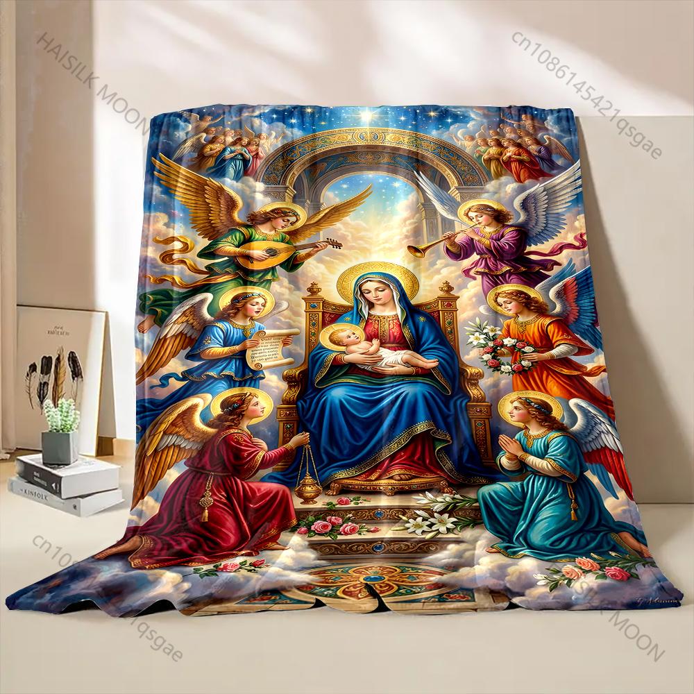 1PC Virgin and angels surrounded Faith-printed Flannel Blanket Soft and Warm Suitable for Home Travel Picnics Camping RV Use