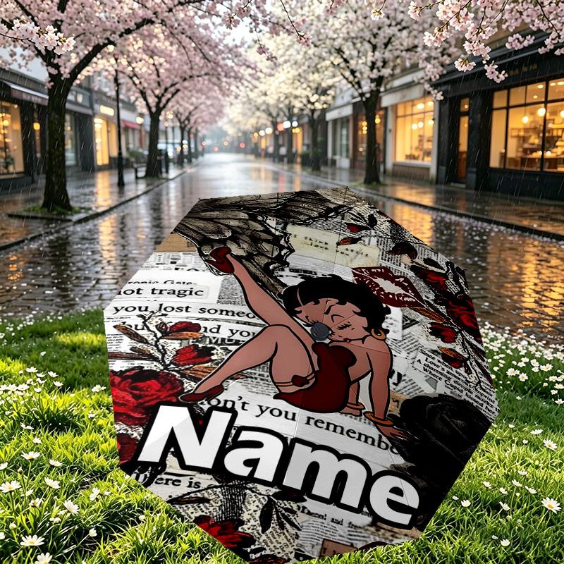 Custom Name Personalized Betty Boop Print Umbrella, Auto Open Close, 8‑Rib Sturdy Frame, Commute Camping Hiking Use, Birthday Gift