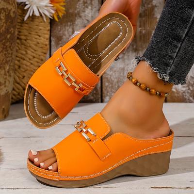 Damenmode Bedruckte Schuhe, Plateau-Keilabsatz-Slipper mit Schnallenverzierung, Schlupf-Hausschuhe, Damen-Außenschuhe
