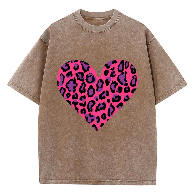 Pink Leopard Heart Prints Washed TShirt Women Cotton T Shirts ONeck Comfortable Distressed Tops Summer Casual Woman Clothes