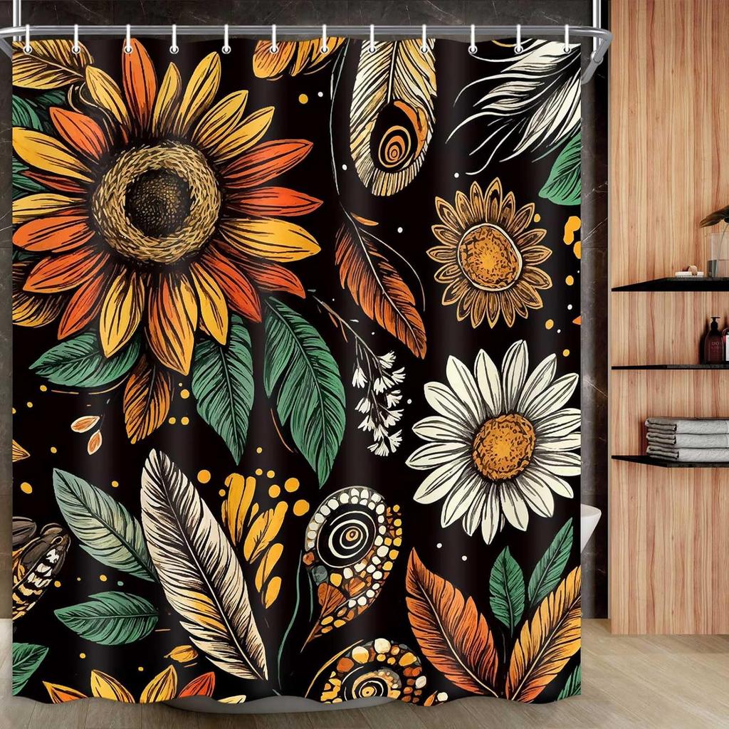 Floral Shower Curtain for Bathroom,Vintage Floral Shower Curtain Set Orange Flower Plants Bathroom Curtains Decor,Waterproof