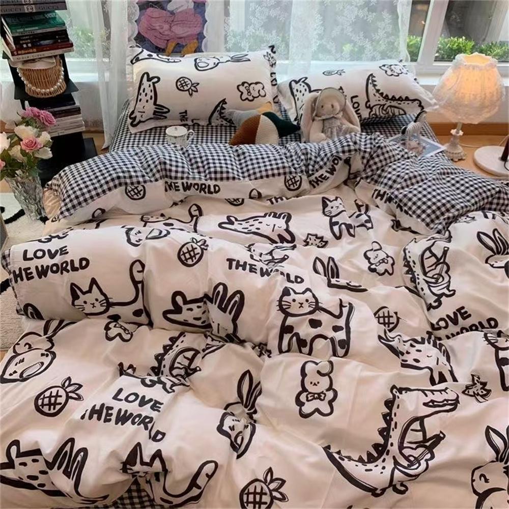 INS Double-sided Availability Pink Blue Cute Cat And Rabbit Bedding Set Duvet Cover Sheets With Pillowcases Full Size Bedroom