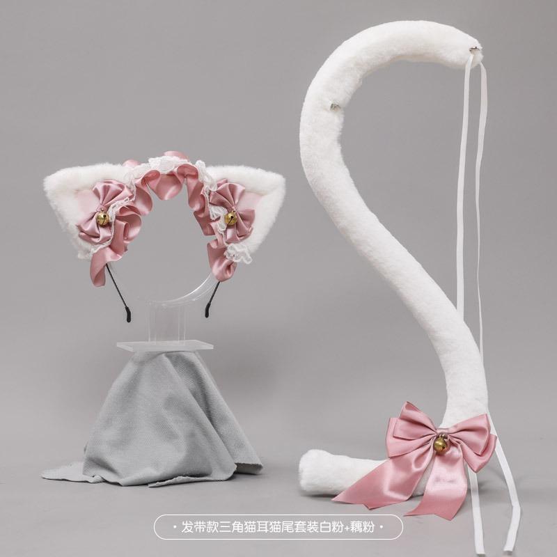Ein handgefertigtes Lolita-Stirnband Stirnband-Accessoires Spitze Schleife Katzenohren Stirnband Katzenschwanz-Set