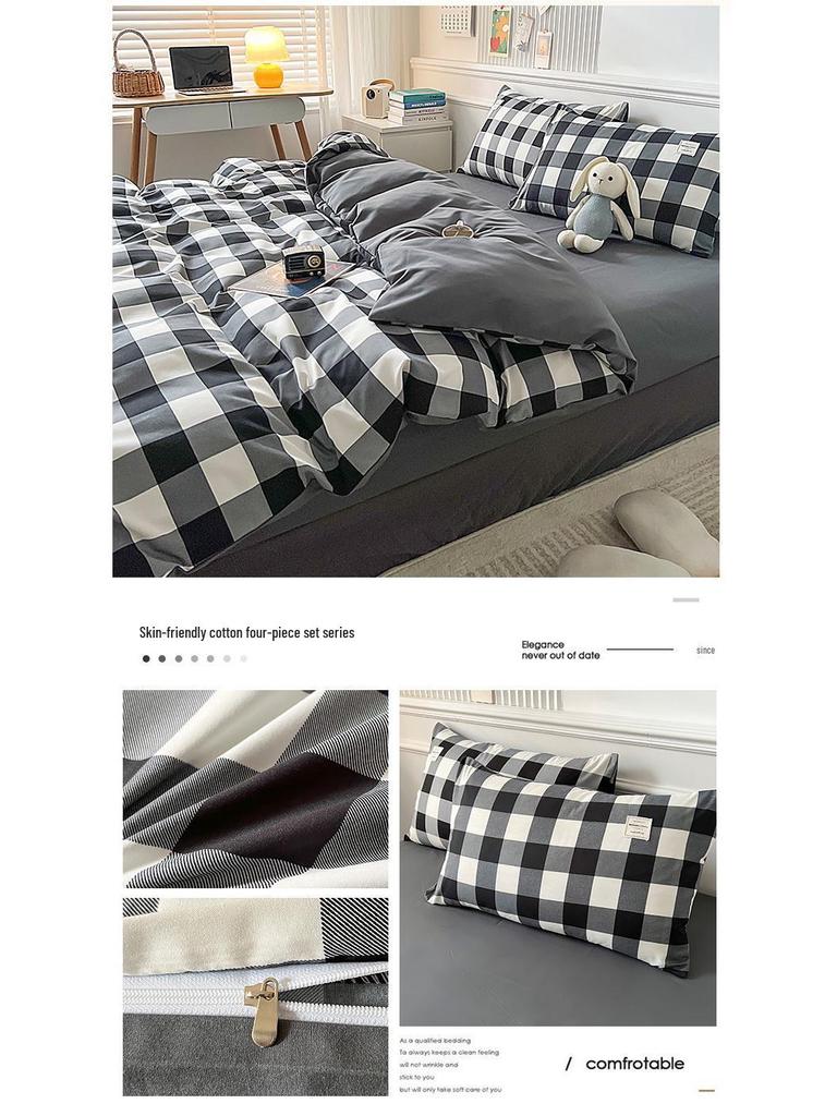 Muji Style Plaid Peach Fuzz Cotton Bedding Set: Skin-friendly Bed Sheet, Fitted Sheet, Duvet Cover - 3 or 4 Piece Options for Dorm.