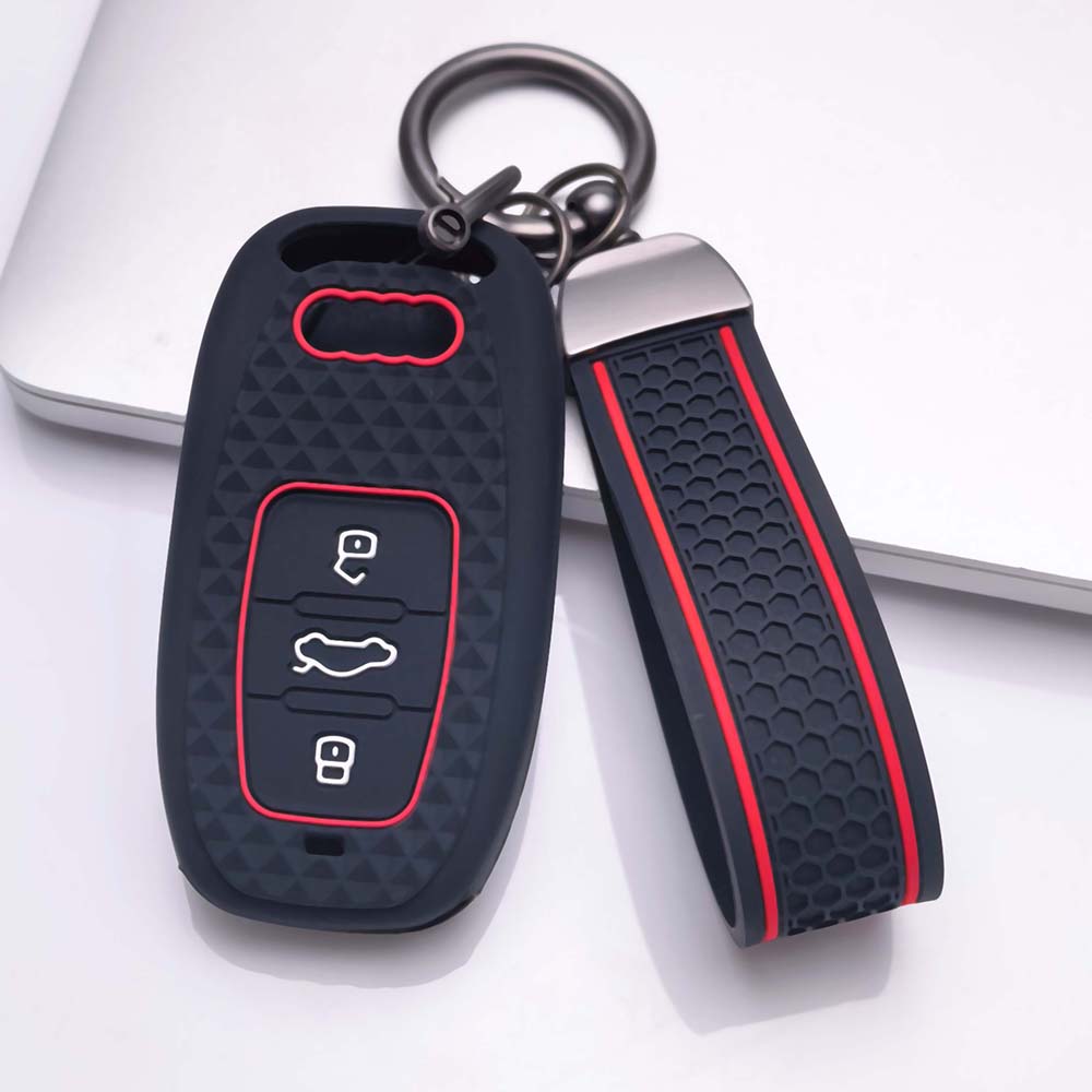 Silicone Car Key Case Cover with Wrist Keychain for A6 A7 A8 E Tron Q5 Q7 Q8 C8 D5 Protective Car Remote Key Holder