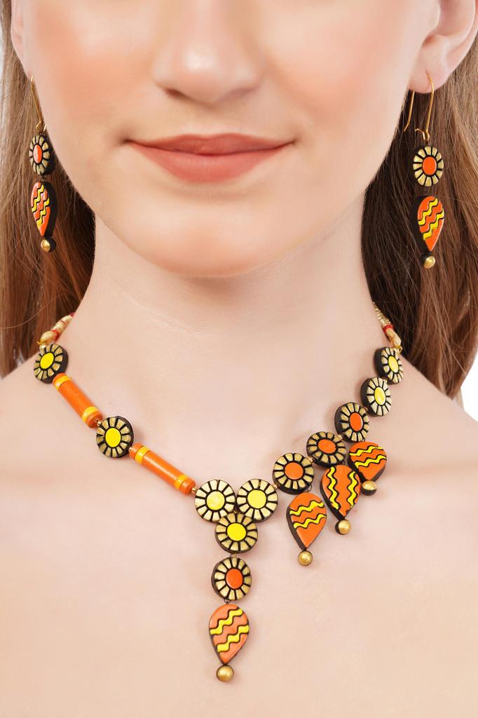 Handmade Terracotta Jewelry Set: Dangle Necklace & Earrings