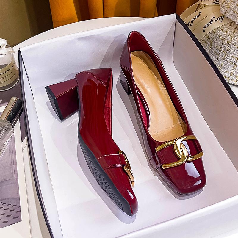 Thick Heel High Heels Women's New Models Are Not Tired Feet Red Wedding Shoes 2025 Spring and Autumn Women's Shoes French Light Mouth Square Head Si