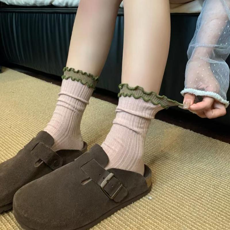 6 Pairs Retro Color Matching Double-layer Lace Women's Socks High Value Cute Wooden Ear Edge Lace Medium Tube Socks