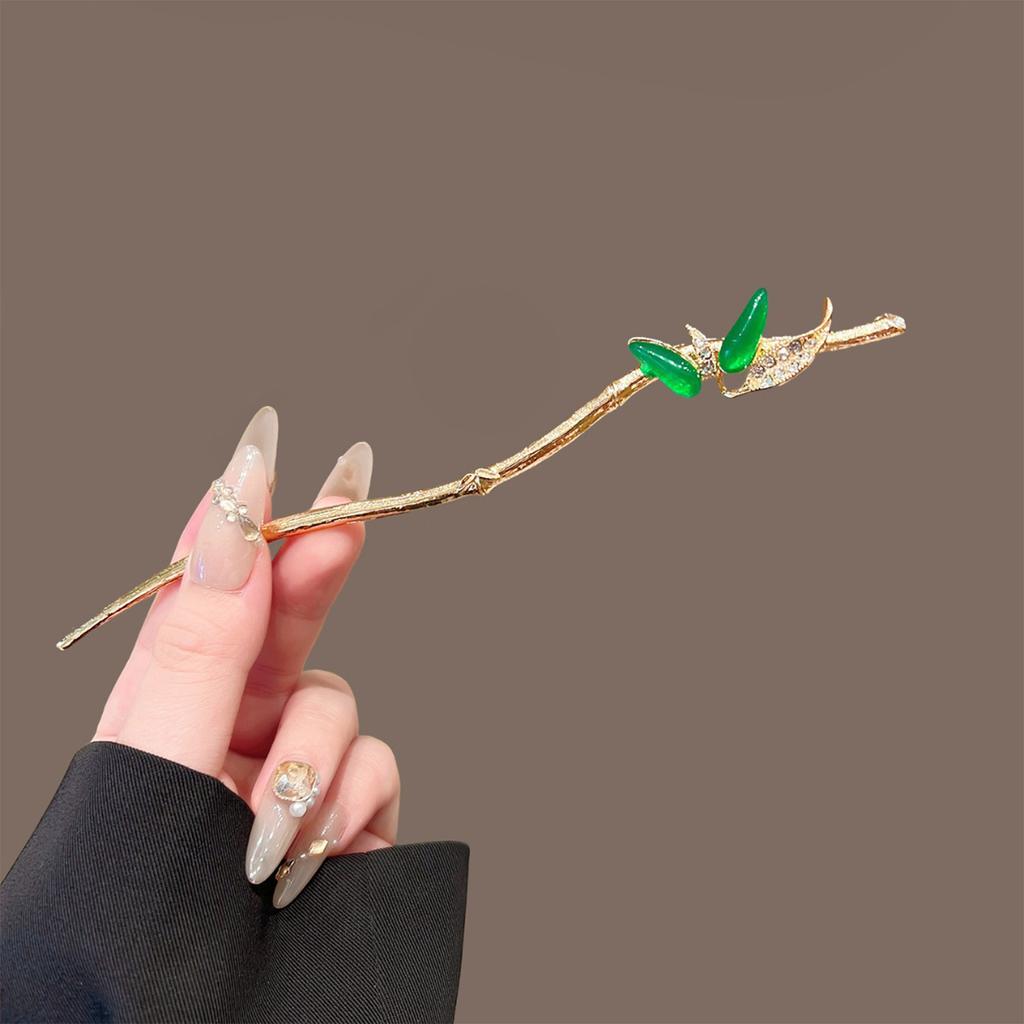 Chinese Hanfu Hairpin Green Leaf Hair Sticks Zinc Alloy Bamboo Hair Stick For Women 17cm Rhinestone Hair Accessories 1/2pcs