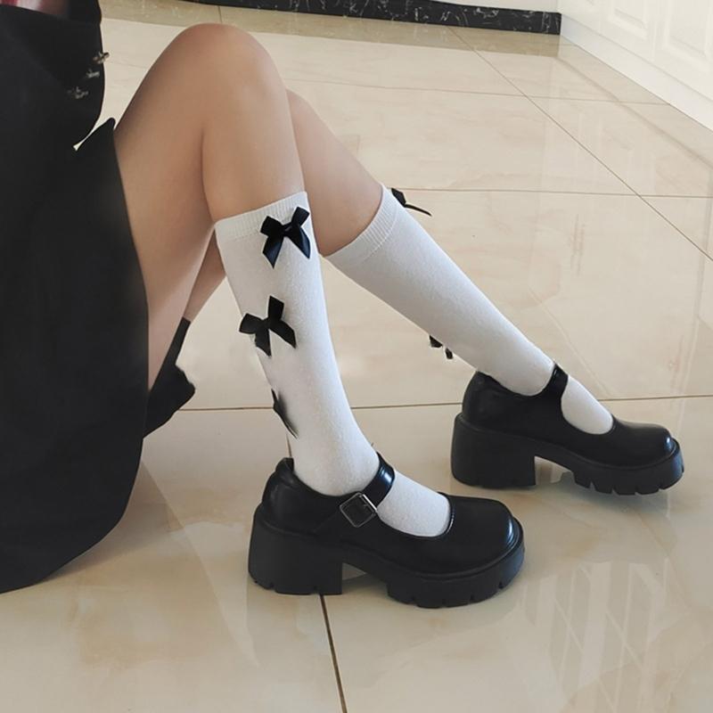 1 Pair Women Ruffle Socks Girl Lace Topped Calf Socks Frilly Socks with Bowties Cotton Socks Princess Style Dress Socks