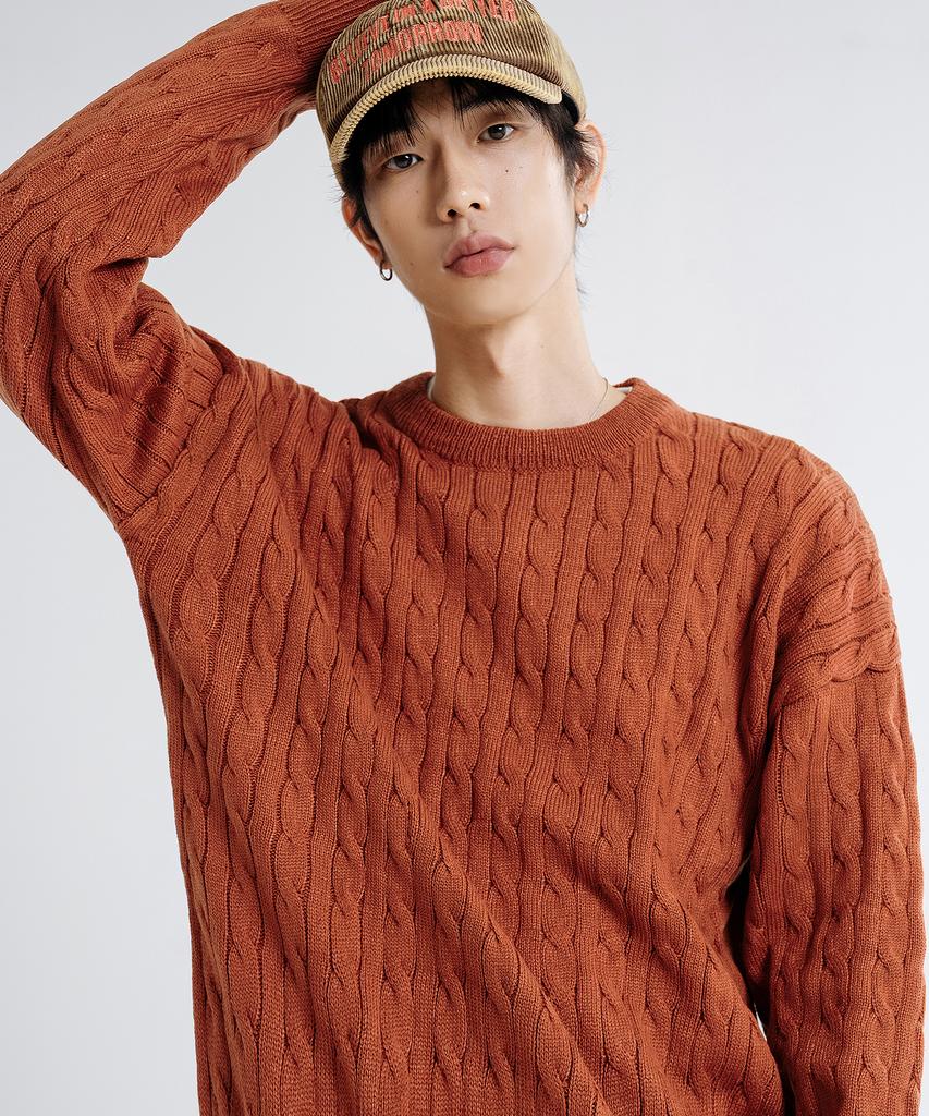 LEMAIN SECOND Oversized Voluminous Washable Crew Neck Cable Knit [Brick]